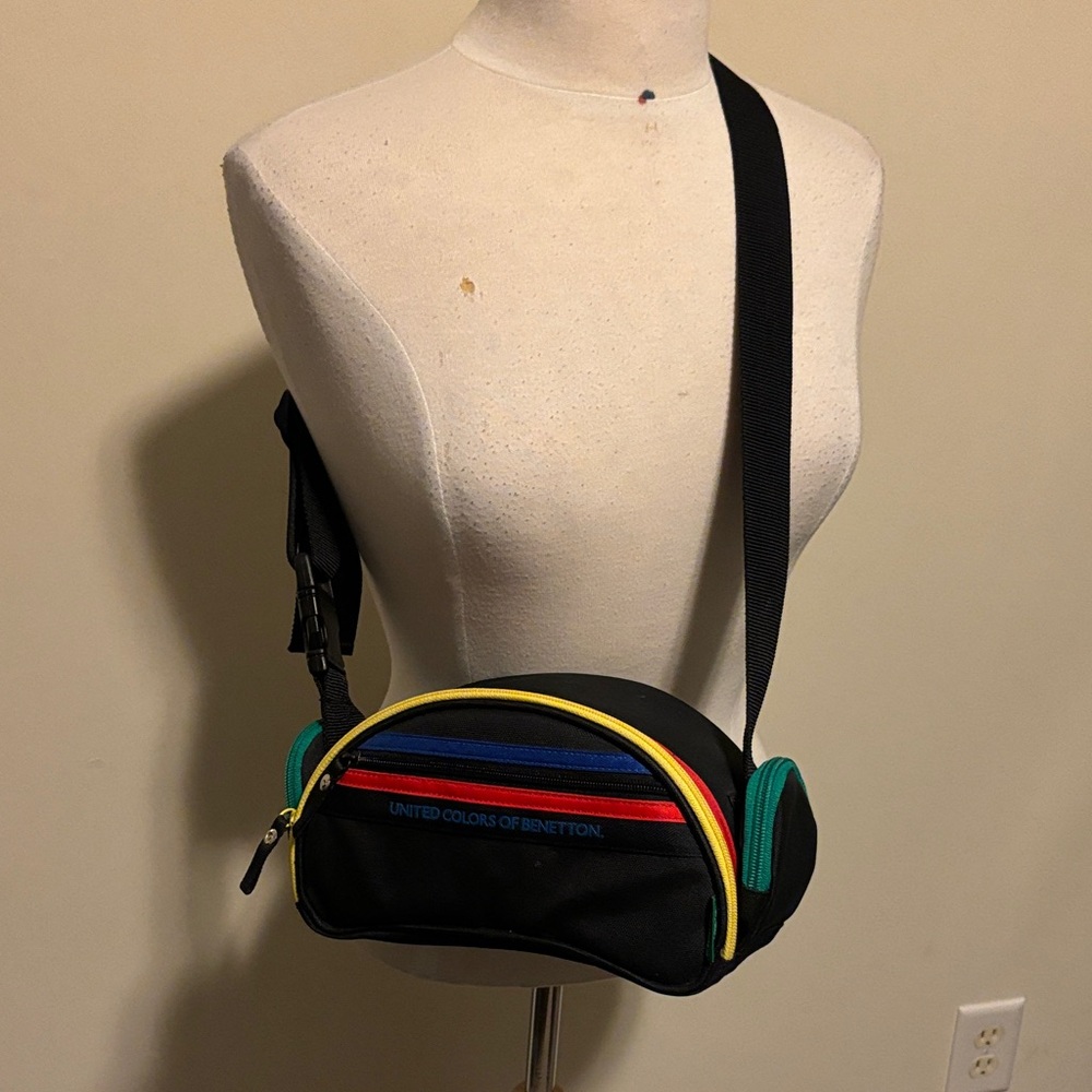 United Colors of Benetton Black Belt Camera Padded Bag with Colorful Stripes